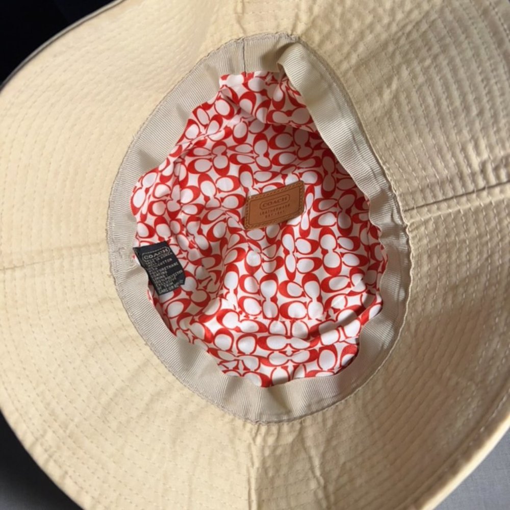 Khaki Coach Bucket Hat with leather trim and red silk lining - Picture 5 of 7